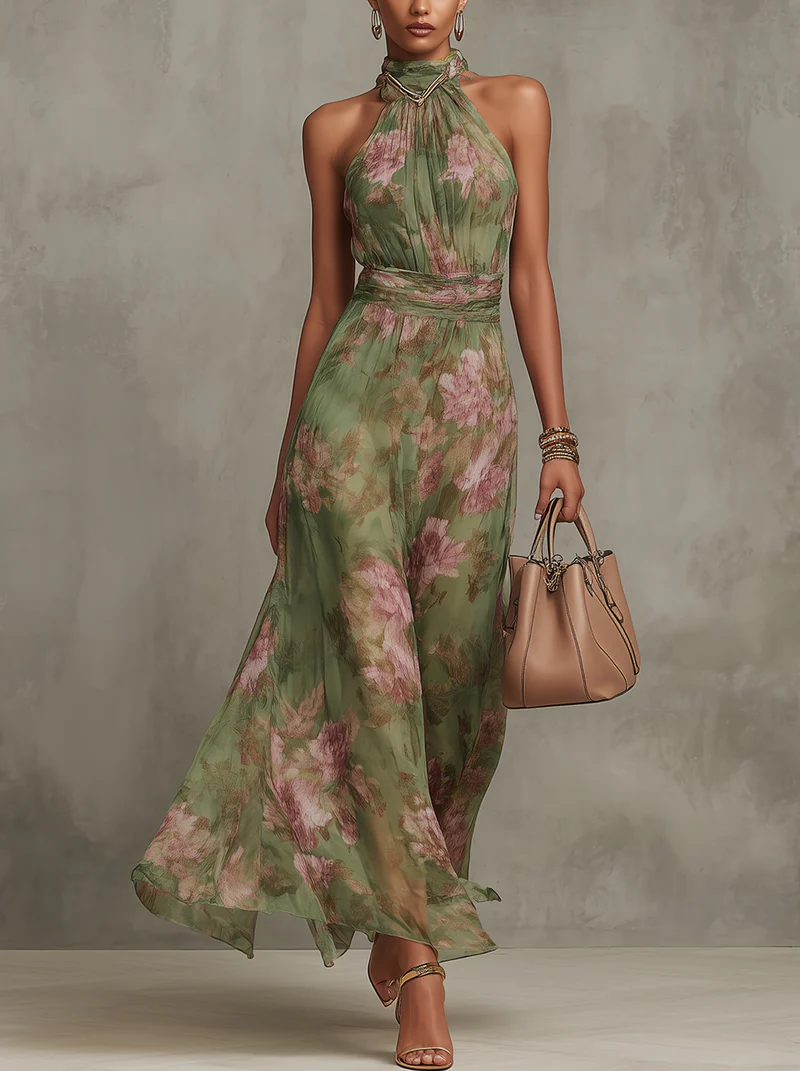 Grace | Maxi-jurk met bloemenhalterhals