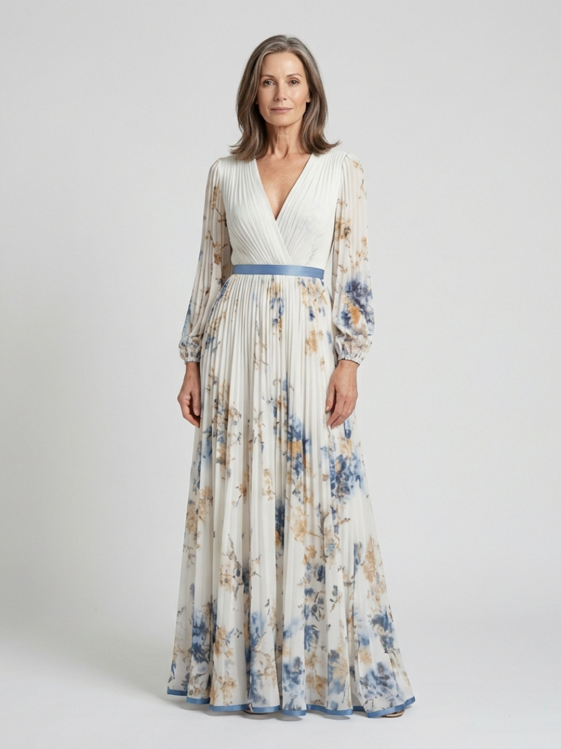Lavinia | Maxijurk met lange mouwen en V-hals met bloemenpatroon