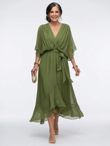 Elysia | Midi jurk met gedrapeerde V-hals en tailleband
