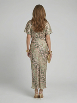 Coralie | Abstracte print Midi-jurk met V-hals en getailleerde taille