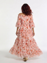 Rosalie | Maxi Jurk met Bloemenmotief en Schouderloze Mouwen