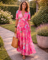Ione | MIdi jurk met bloemen zonder mouwen en V-hals