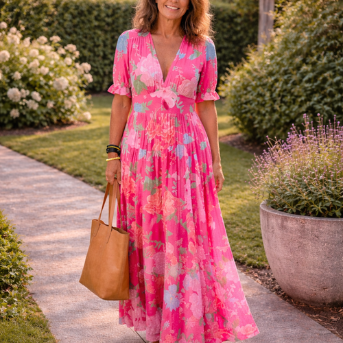 Roos | Bloemen Midi-Jurk met V-hals
