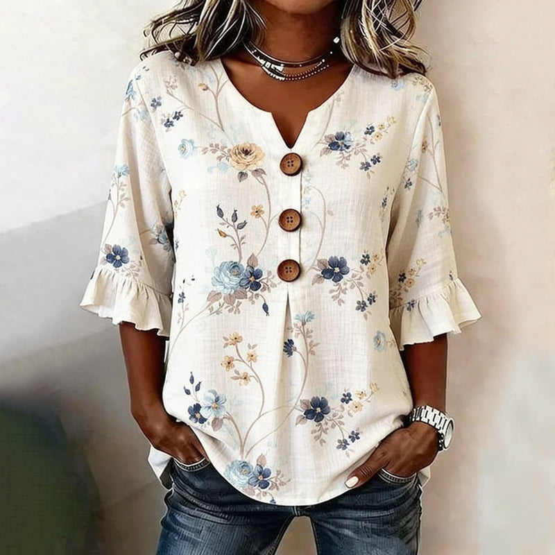 Bloemenprint Blouse | V-hals & Knoopdetail
