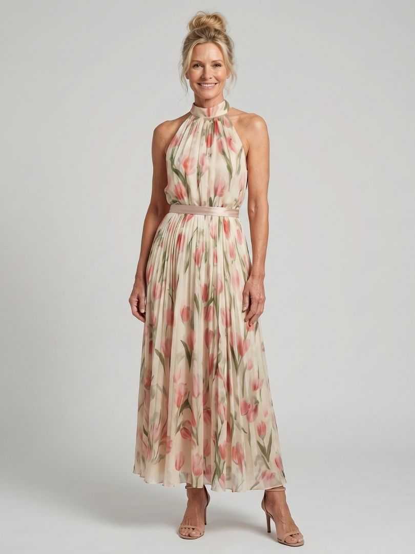 Aurelle | Midi-jurk met Bloemen en Halterhals