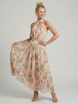 Aurelle | Midi-jurk met Bloemen en Halterhals