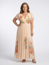 Calista | Maxi Jurk met V-hals en Korte Mouwen