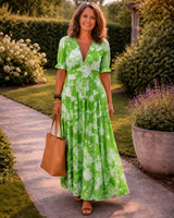 Ione | MIdi jurk met bloemen zonder mouwen en V-hals