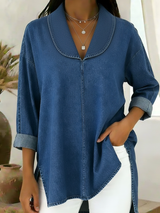 Ruby | Retro denim trui met sjaalkraag