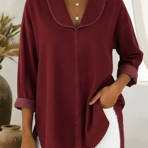 Ruby | Retro denim trui met sjaalkraag